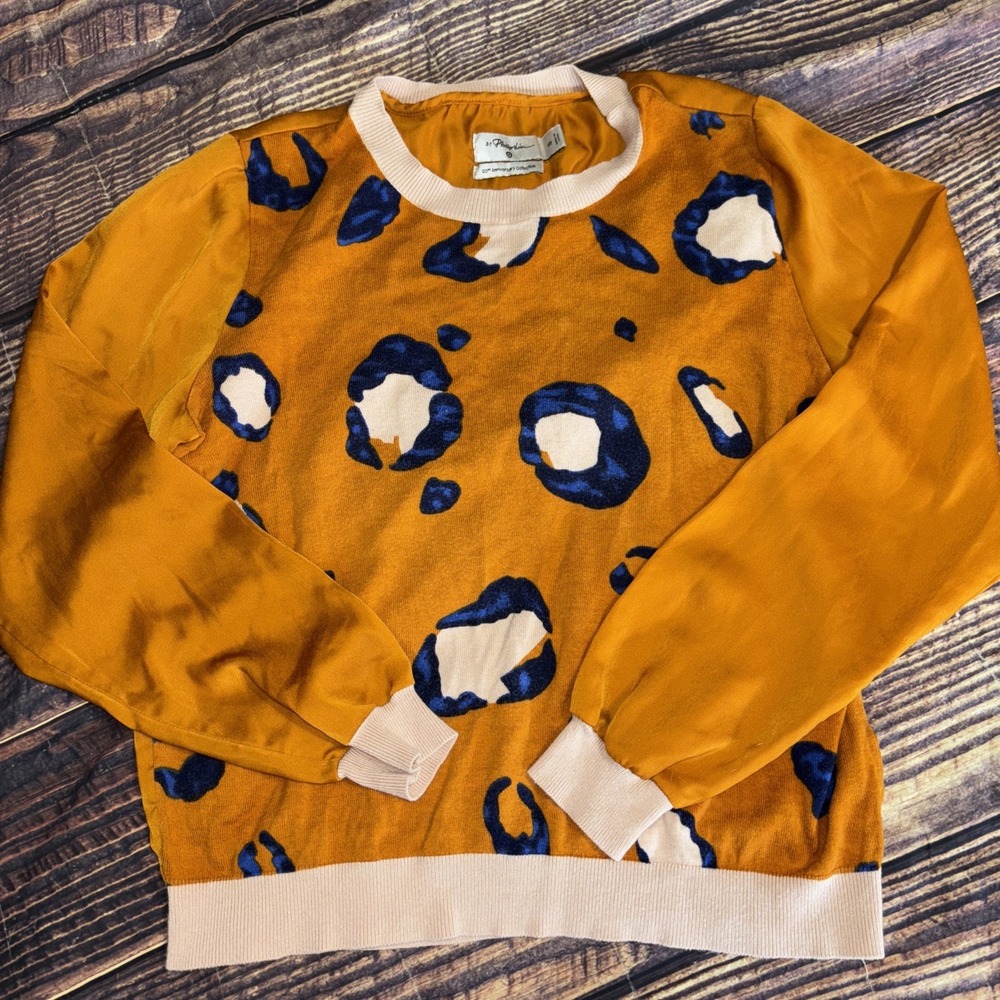 3.1PHILLIP LIM SWEATER SZ S MUSTARD PURPLE LEOPARD SPOTS PREPPY CHIC AESTHETIC - Picture 4 of 9